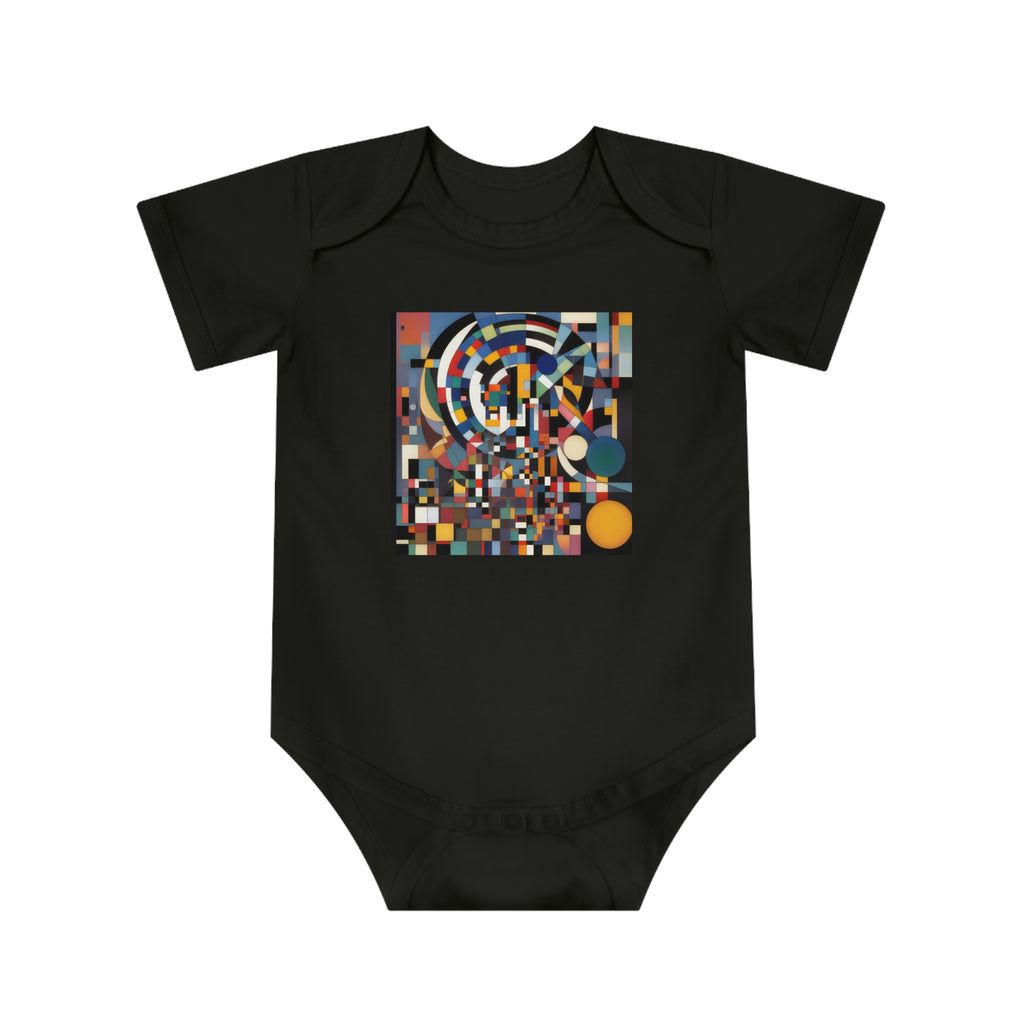 Abstract Reverie #9 baby onesie â€” indigo blush amber swirls, soft cotton, JB Studio â€” lifestyle in-room view