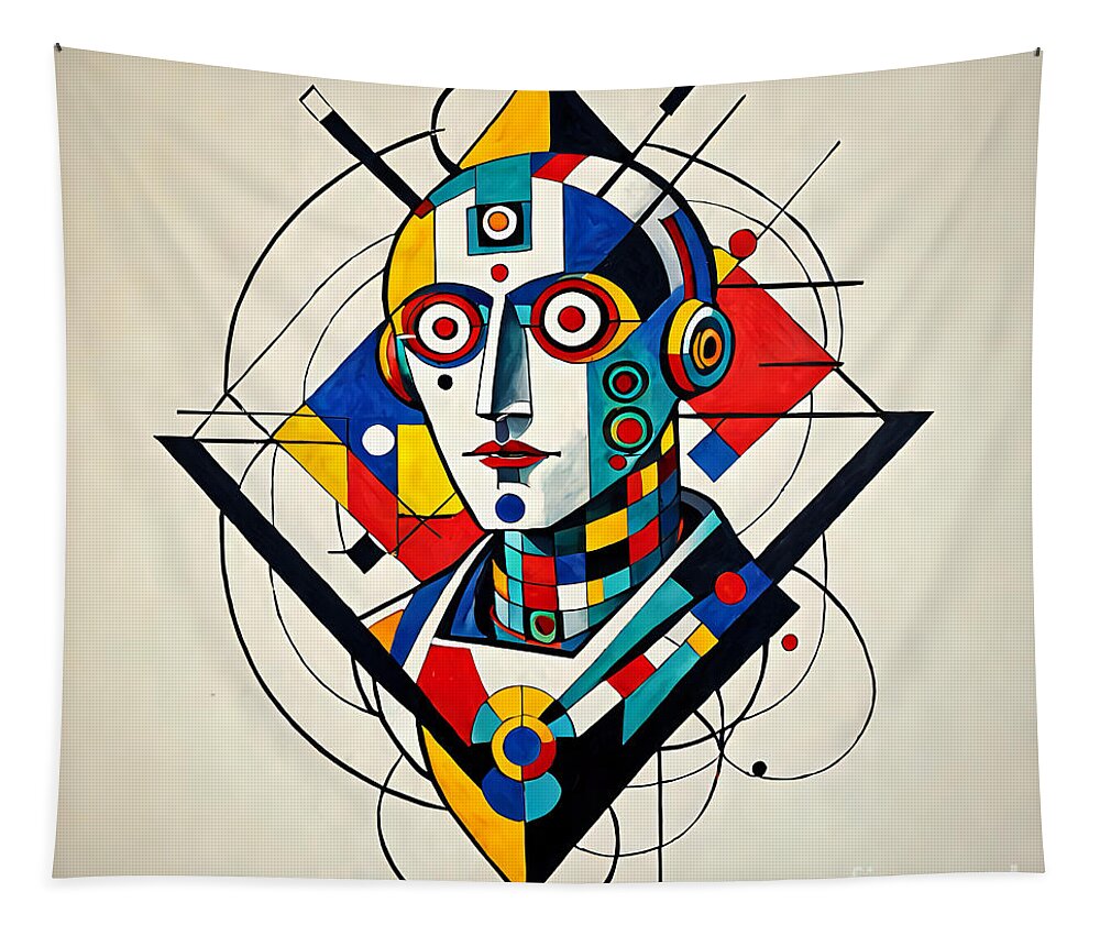 Abstract Synthesis wall tapestry â€” bold geometric color shapes on woven polyester fabric, JB Studio