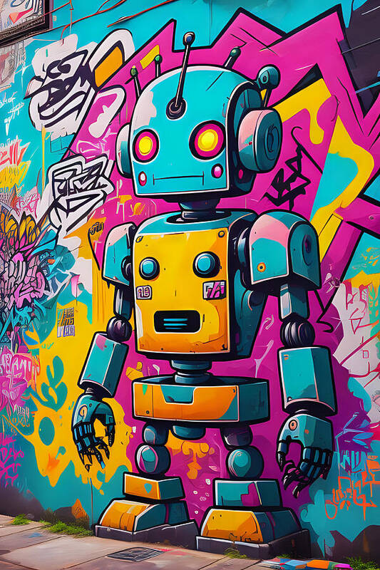 Circuit Splendor wall art print â€” neon mosaic android portrait, electric cyber aesthetic, JB Studio