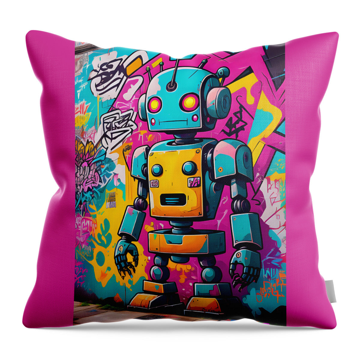 Circuit Splendor throw pillow â€” electric cyan android mosaic print, soft polyester, JB Studio