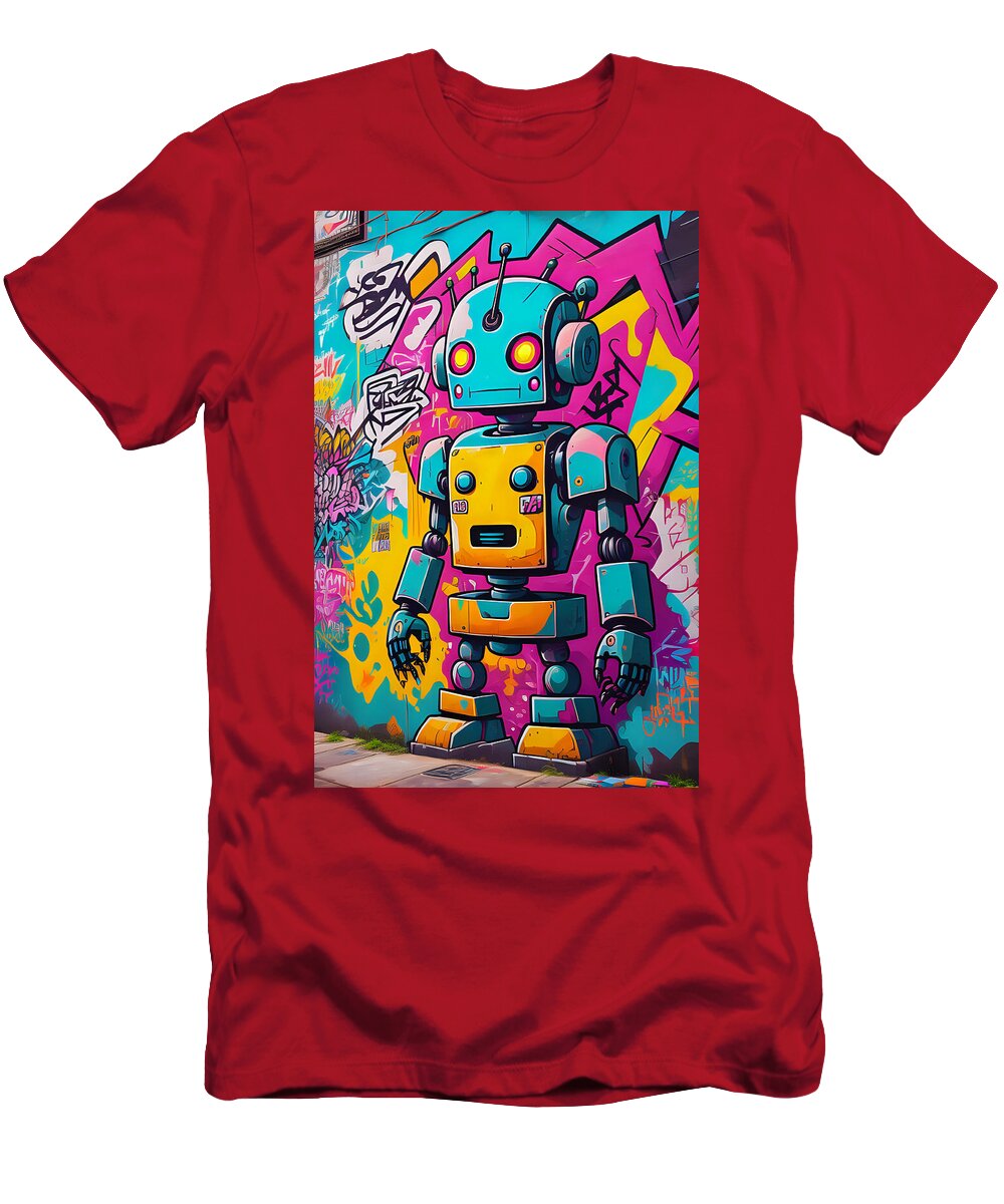 Circuit Splendor graphic tee â€” electric cyan neon android mosaic DTG print on unisex cotton, JB Studio