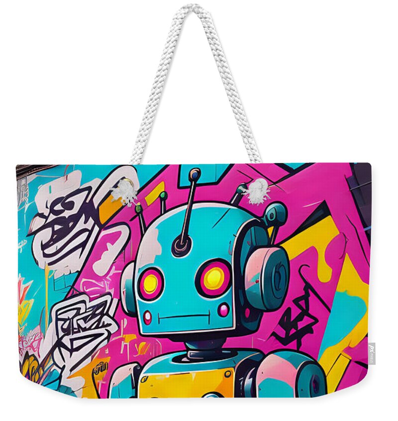 Circuit Splendor weekender tote bag â€” neon android mosaic print, large format, reinforced straps, JB Studio