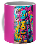 Circuit Splendor coffee mug â€” neon cyan android mosaic wraparound print on ceramic, JB Studio