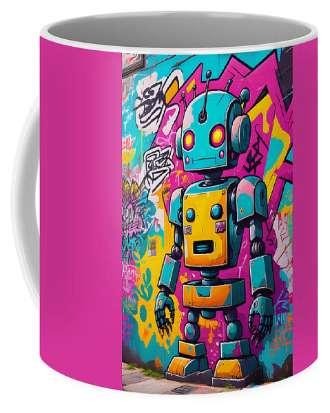 Circuit Splendor coffee mug â€” neon cyan android mosaic wraparound print on ceramic, JB Studio