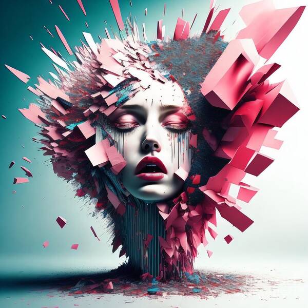 Fragmented Beauty wall art print â€” bold mosaic portrait in geometric color shards, JB Studio